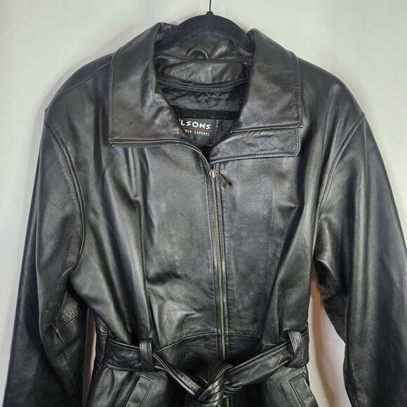 Vtg WILSONS LEATHER Black Leather Jacket Women’s Large Belted Midi Trench Coat - Picture 2 of 10